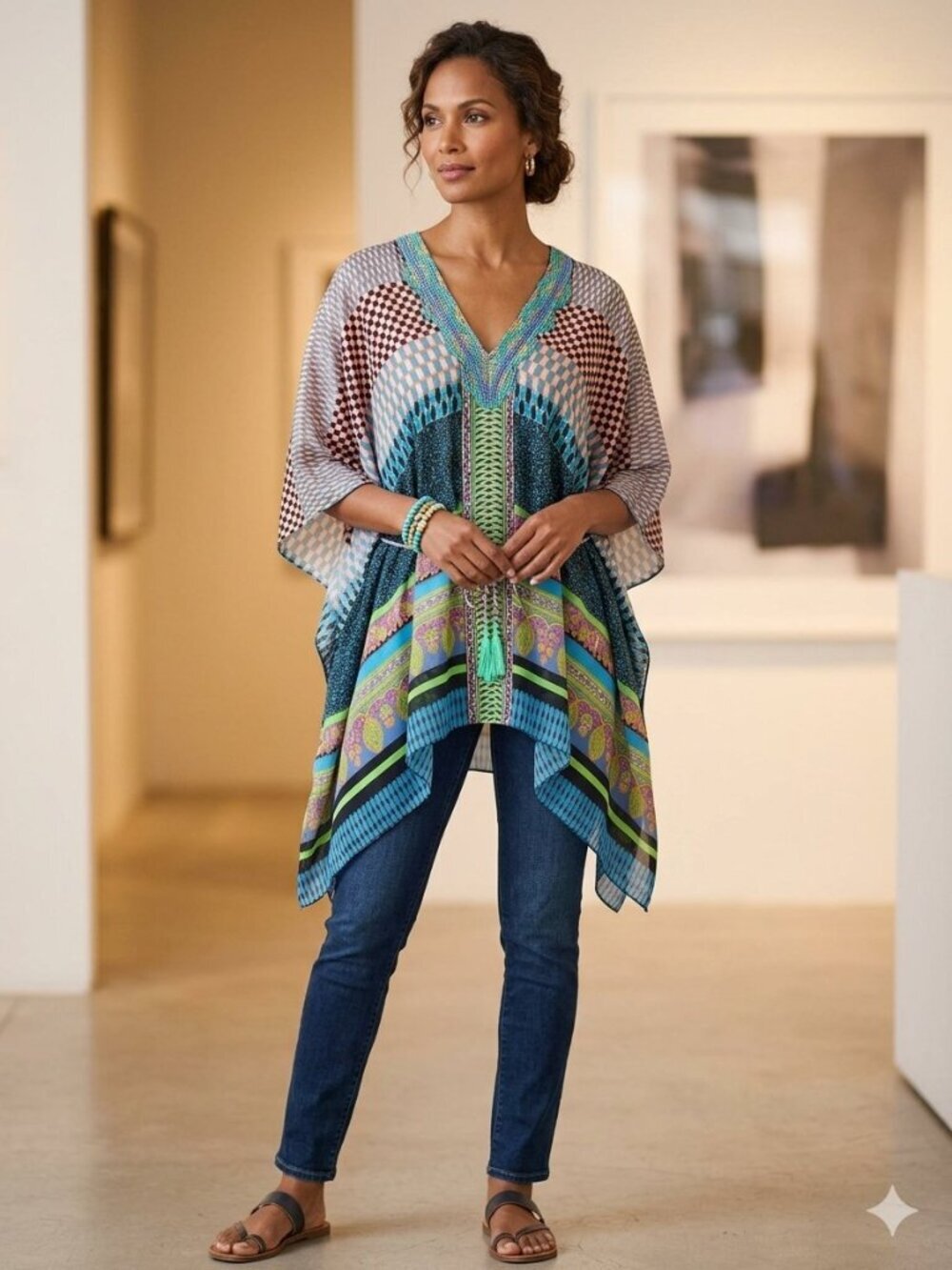 Hale Bob Kaftan Pull Tie tunic Top XS Beaded Embellished